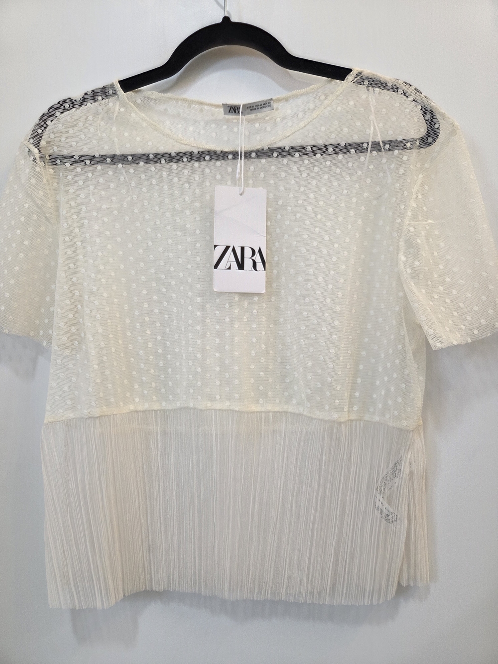 ZARA Cream Sheer Dotted Mesh Top with Pleated Panel-Medium